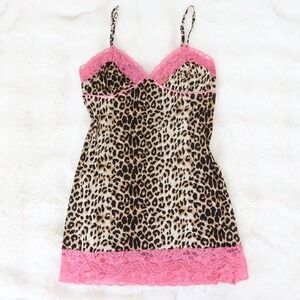 y2k leopard print mesh slip mini dress pink lace trim size medium